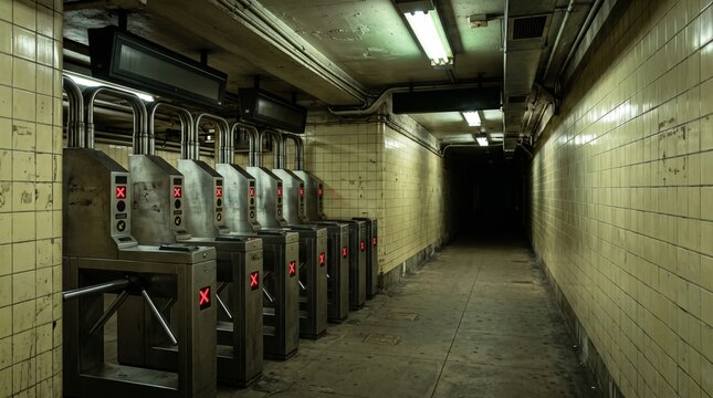 Empty Subway Turnstiles and Dark Hallway in an Urban Underground Station.