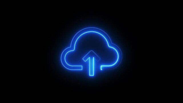 Seamless looping   animation of a glowing blue neon cloud symbol with an upload arrow on black background, A glowing blue neon cloud upload icon pulsates on a black background.  