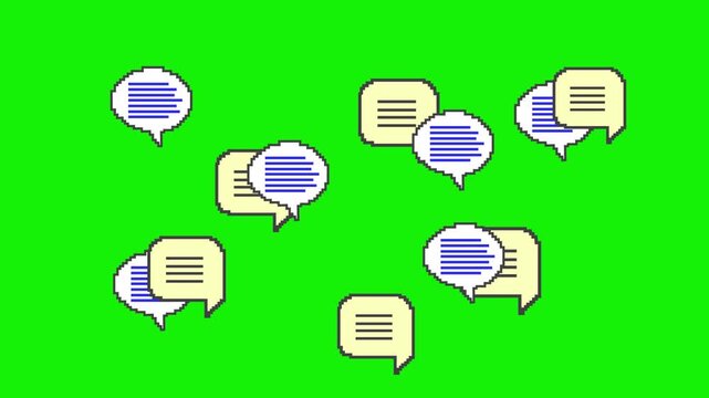 Text message speech bubble animation with Alpha Channel overlay, pixel-style speech bubble on a green background, 4K video.