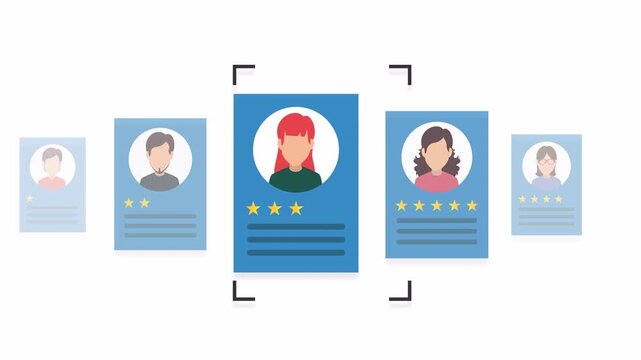 Stylized 2D animation showing a user profile being selected from multiple profile cards with a five star rating and green approval checkmark.
