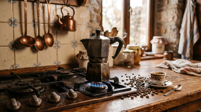 Traditional moka pot and coffee brewing equipment on rustic kitchen stove