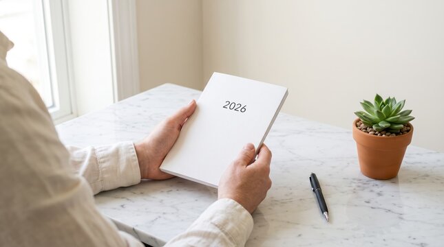 Person holding white blank notebook with year two thousand twenty six text written on cover, symbolizing future planning, new year resolutions, strategic goal setting