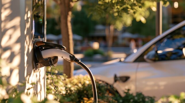 An electric car charging station on a sunny day with a white electric vehicle plugged in, surrounded by greenery