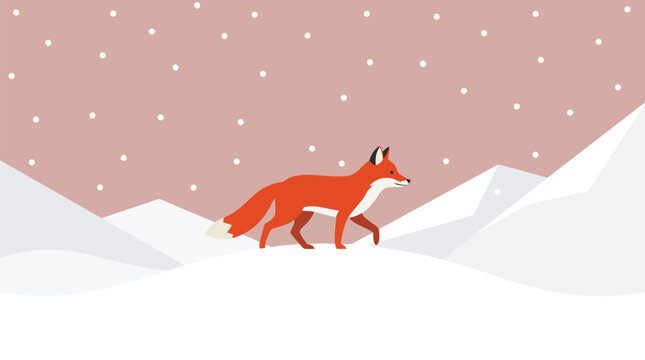 Red Fox Walking on Snowy Mountains in Winter Snowfall Landscape - Winter Poster Background Vector