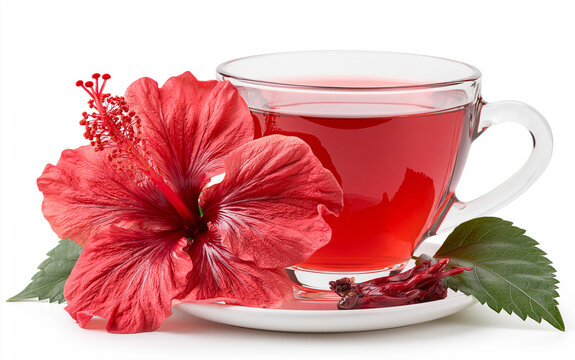 Freshly brewed hibiscus tea and red flower isolated on white