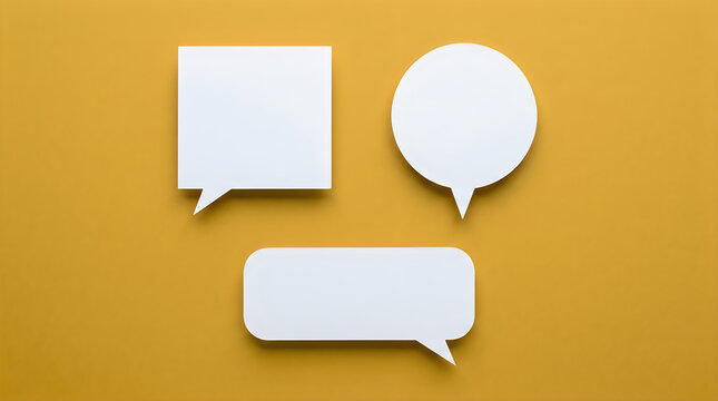 Blank white speech bubbles of different shapes like square, circle, and rounded rectangle on a solid yellow background