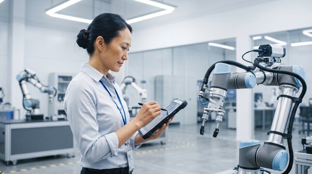 Engineer Programming Robotic Arm Using Digital Tablet in Laboratory Photo - robotic arm, engineer, digital tablet, automation technology, robotics laboratory, industrial robot, technology innovation