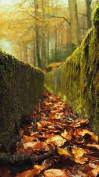 Mountain Tunnel With Dry Autumn Leaves Fallen Into a Drain Water