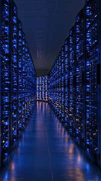 enterprise data center corridor, towering server racks on both sides, cool blue LED lights, cinematic vertical composition, deep perspective, ultra-detailed realistic infrastructure photography,
