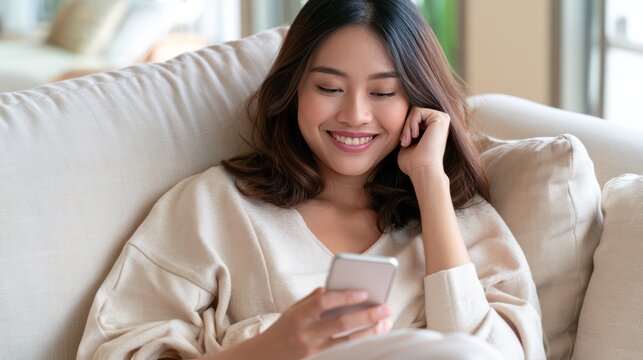 A young woman smiling as she looks at her smartphone while relaxing on a couch. The woman is wearing a comfortable sweater and has her hair down.