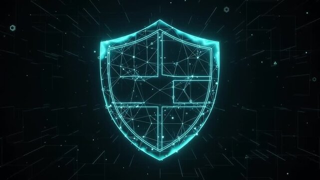 Futuristic digital security shield with glowing network nodes and complex structural data protection elements inspired by high-tech helix patterns