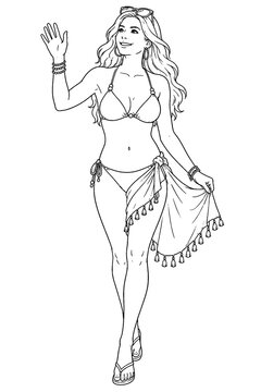A cheerful woman in a bikini and tassel wrap waves confidently in elegant black and white line art, isolated on white for vacation, fashion, or coloring designs.