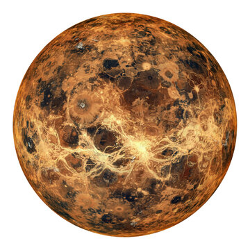 Detailed radar map of the planet venus showing volcanic plains and impact craters on a spherical surface isolated on a transparent background