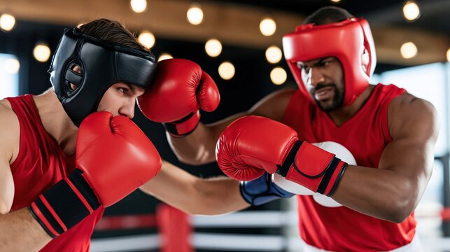 Two athletes engage in a competitive boxing match within a ring.