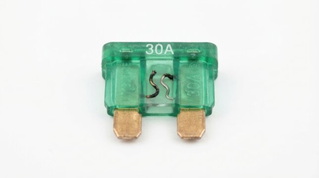 Automotive 30 Amp Green Blade Fuse Isolated on White.