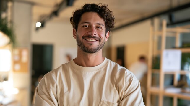 A smiling man with curly hair and a beard poses for a portrait in a modern office space. He is wearing a beige crewneck sweater and appears confident and approachable.
