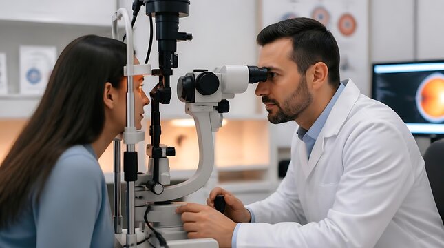 Ophthalmologist examining female patient with slit lamp in modern clinic.