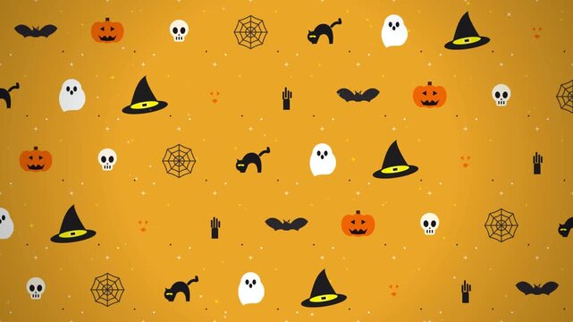 Seamless Halloween Pattern with Flat Icons on Orange Background