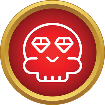 Skull with diamond eyes icon on a red button in golden frame