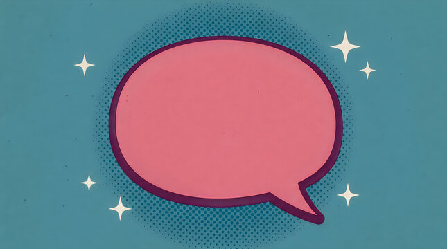 Retro comic speech bubble with pink fill and halftone dots texture on teal background
