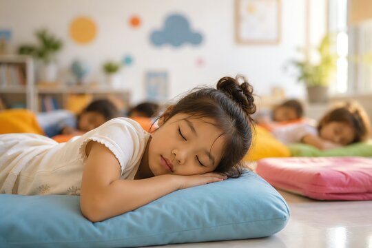 Child sleeping on a soft cushion during peaceful classroom nap time with other children resting