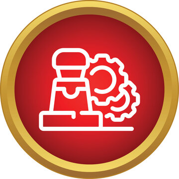 Stamp outline tool and gears icon on a red circle with golden border