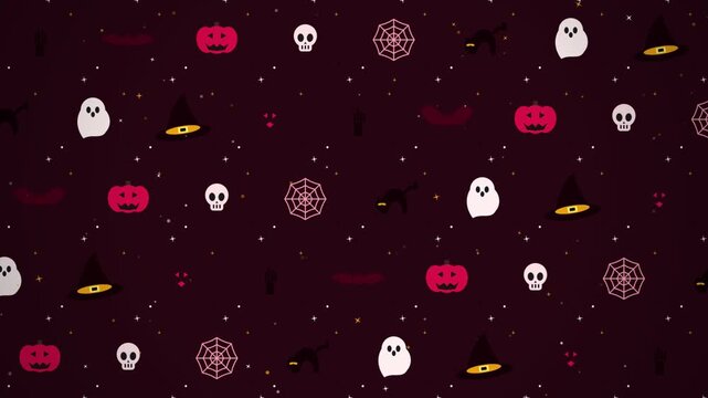Seamless Halloween Pattern with Ghosts Pumpkins and Witch Hats on Dark Background