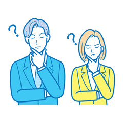 Fototapeta premium 顎に手を当てて疑問や悩みを考える男女のビジネスパーソン 上半身イラスト