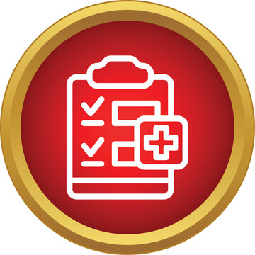 White checklist clipboard showing health data in a gold bordered red circle icon