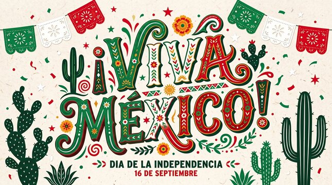 Vibrant Viva Mexico Typography with Cacti and Papel Picado.