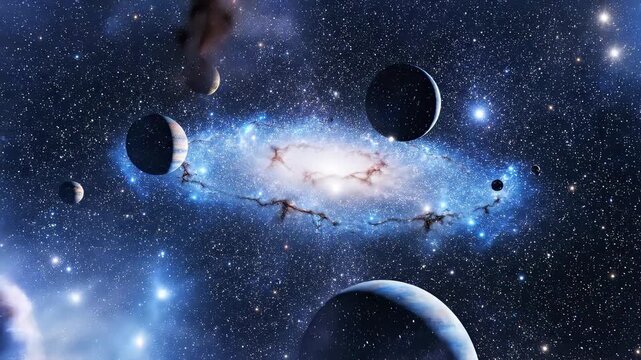 Cosmic Space Nebula with Planets and Glowing Spiral Galaxy Background
