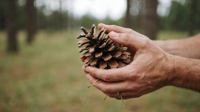 Pinecone held in male hands against a blurred forest background, human palms gripping a natural textured seed pod gathered from coniferous woodland
