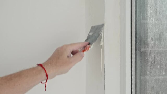 builder applies putty to a prepared wall with a spatula, concept for renovating a wall in an apartment, close-up of a builder's hand on a window slope, real time video footage from copy space