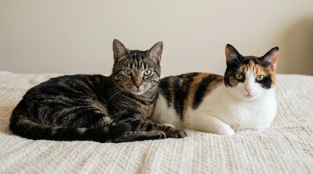 Two tabby cats lounging on a white blanket, one stretching