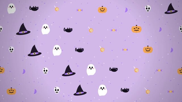 Seamless Halloween Pattern Background with Cute Ghosts Pumpkins and Witch Hats on Pastel Purple