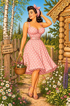 A stylish brunette in a pink polka dot dress welcomes visitors along a flower-lined path, depicted in vibrant retro illustration beside a carved log cabin and birches.