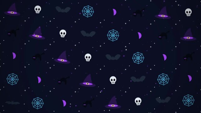 Seamless Halloween Pattern with Flat Icons of Witch Hats Skulls Bats and Spiders