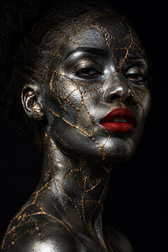 A sculptural dark-skinned woman turns her head with regal confidence, her metallic skin traced by golden cracks in a moody conceptual portrait focused on strength and identity.