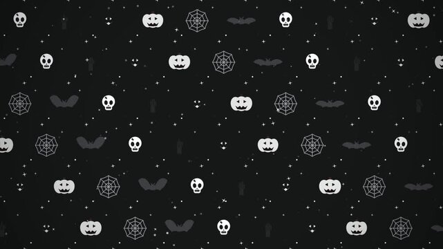 Seamless Halloween Pattern with Minimalist White Icons on Black Background