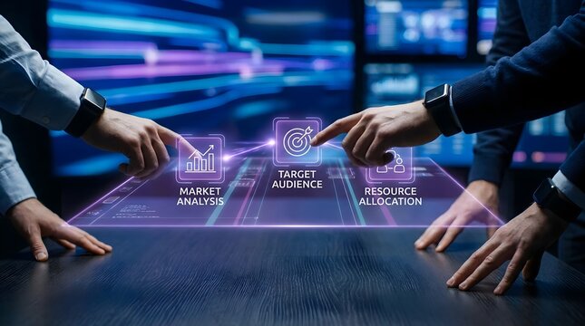 Business Professionals Collaborating on Digital Strategic Planning and Market Analysis using Interactive Holographic Interface Technology