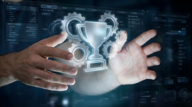 Businessman interacting with a holographic trophy and gear mechanism representing professional achievement and technical success in a digital workspace