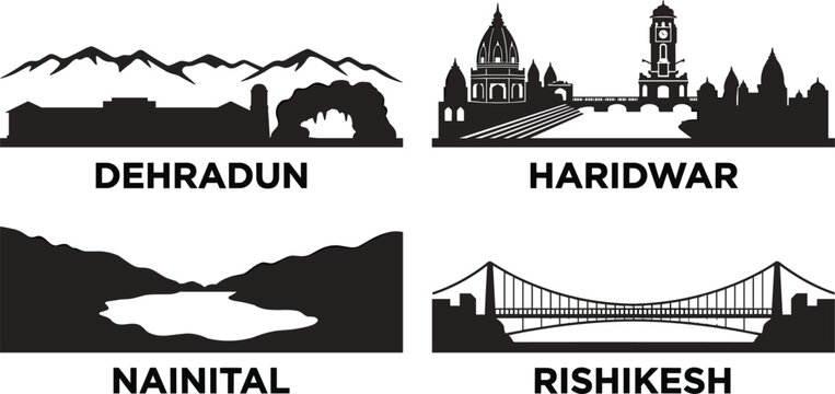 Uttarakhand city skyline silhouette set featuring Dehradun Haridwar Nainital and Rishikesh landmark vector illustration