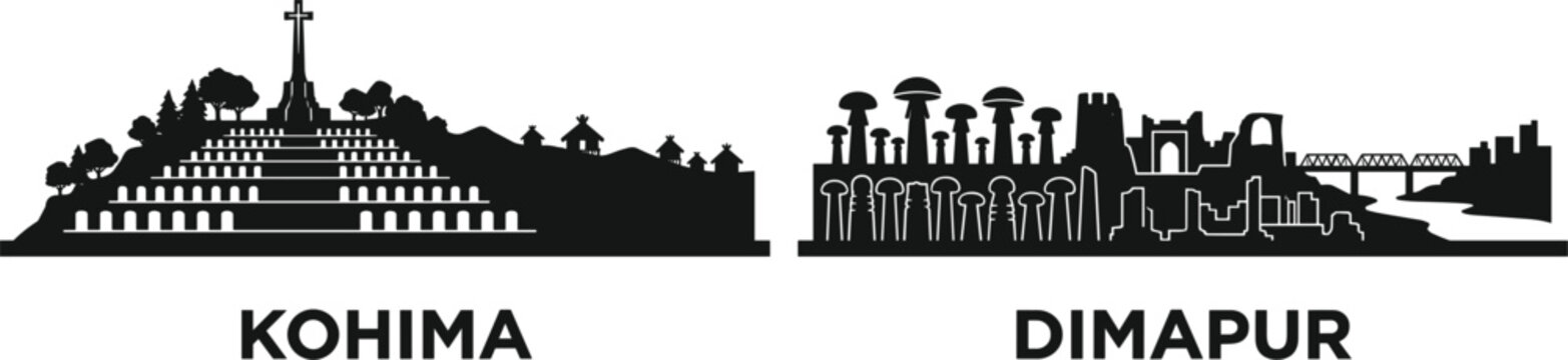 Nagaland city skyline silhouette set featuring Kohima War Cemetery and Dimapur Kachari Ruins landmark vector illustration