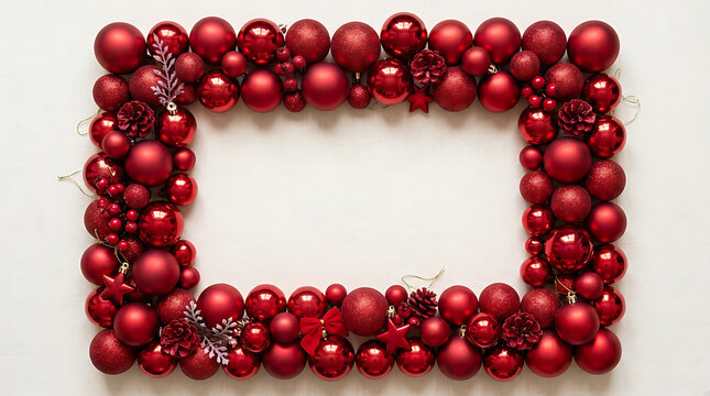 Rectangular frame made of various red christmas ornaments, baubles, and small festive decorations on a plain white background, view