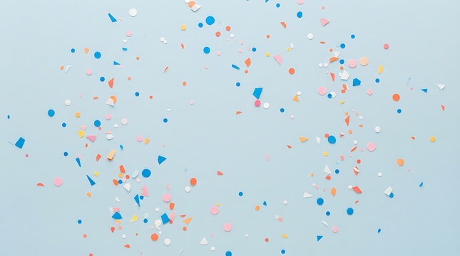 Colorful paper confetti pieces scattered on a solid light blue background, creating a festive, and cheerful atmosphere, for celebrations and parties