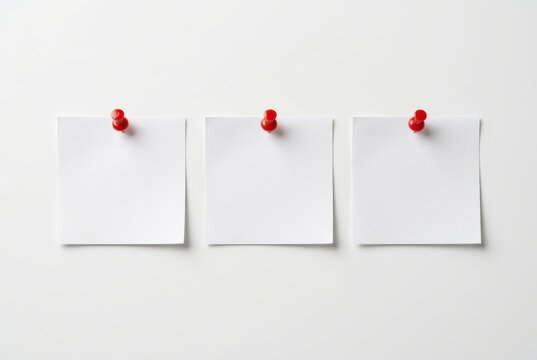 Three Blank White Square Memo Notes Pinned with Red Push Pins on White Background for Business Planning and Reminders