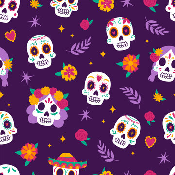 Dia de muertos seamless pattern with colorful sugar skulls and flowers, leaves. Hand drawn vector illustration.