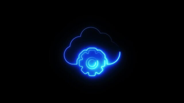 Motion graphics video clip of a glowing neon blue cloud and gear icon animating on a black background,A glowing neon blue motion graphic animation of a cloud and gear symbol on a dark background, 