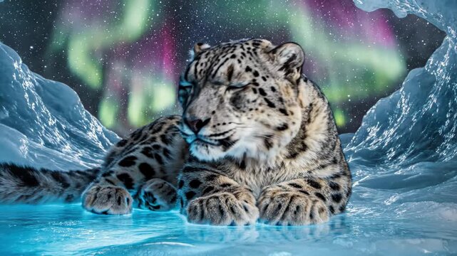 Hyper-realistic snow leopard resting inside a glowing blue ice cave under a vibrant aurora borealis sky with stars. The animal features thick spotted fur and yellow eyes.