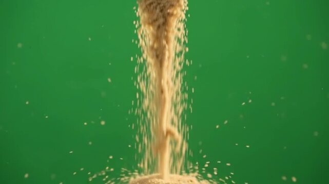 Golden sand pouring in slow motion on green screen, clean chroma key background, granular texture flowing downward, commercial VFX asset
